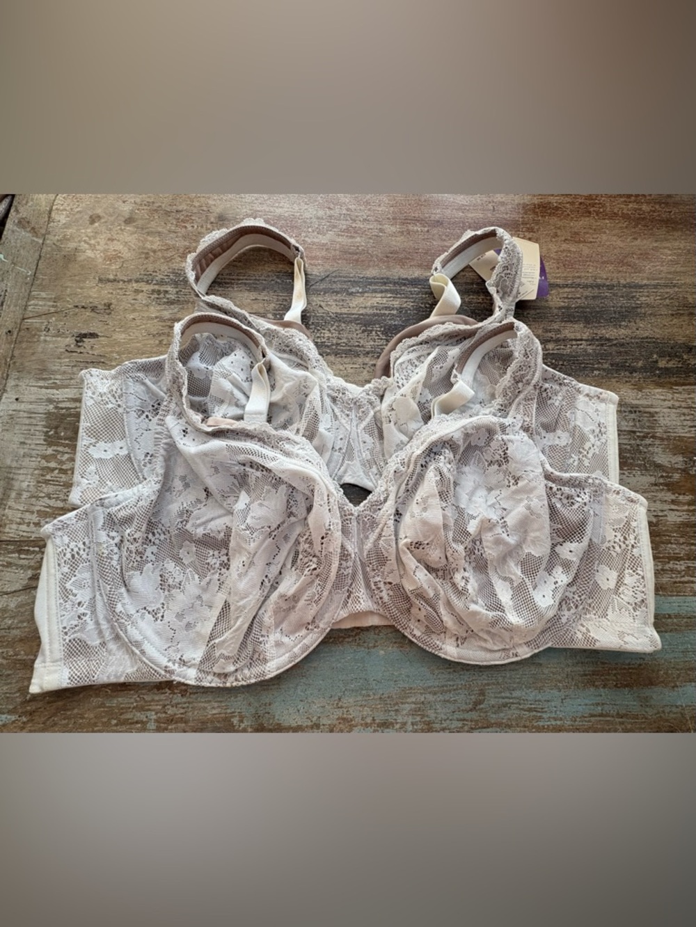 Two Cacique Lace Underwire Bra in Light Beige with Taupe Underlay - NWT